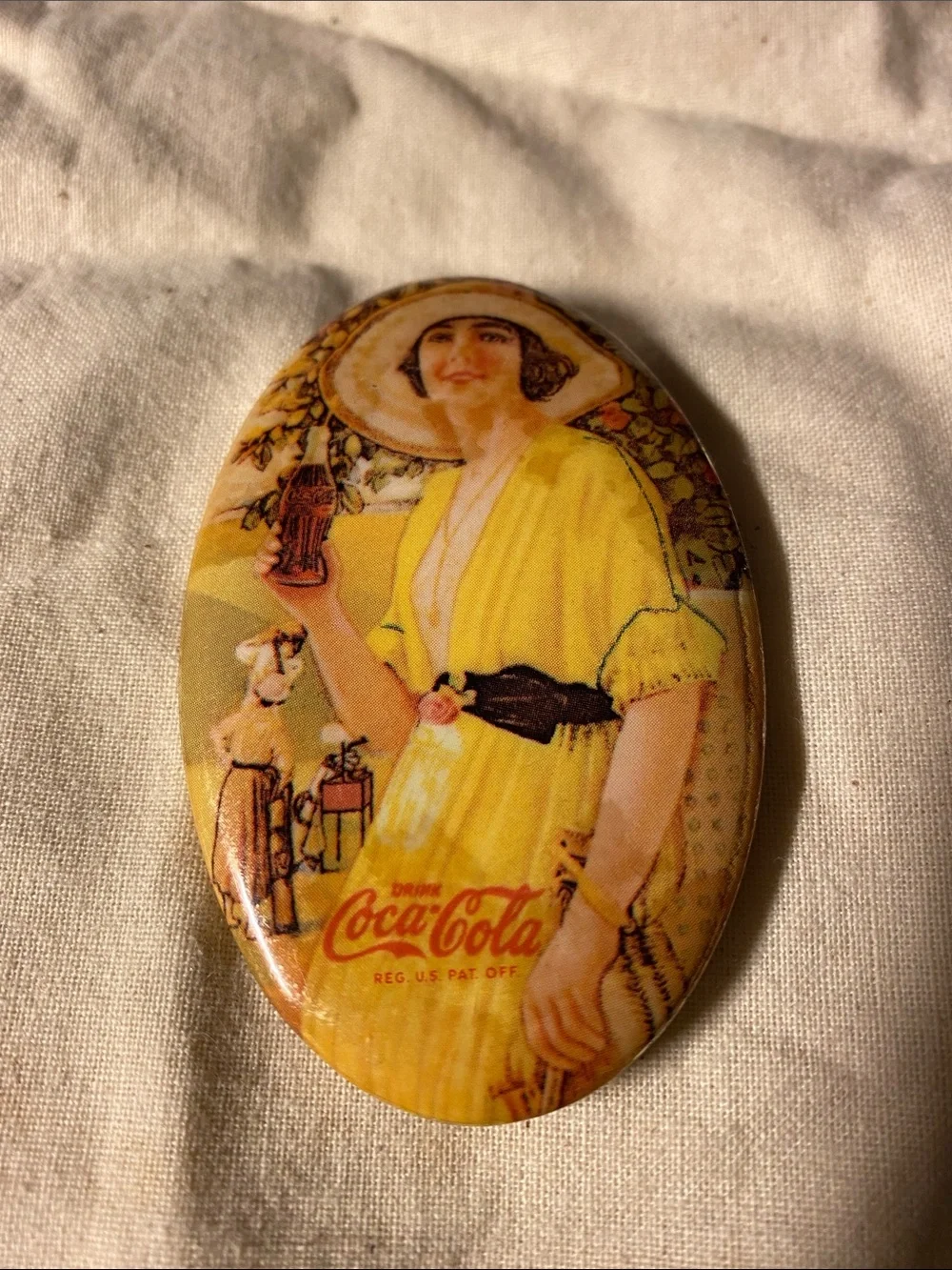 Vintage 1973 Coca-Cola Small Oval-Shaped Pocket Mirror Advert W/ Woman Graphic